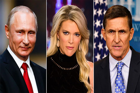 Vladimir Putin (L), Megyn Kelly (C), Michael Flynn (R)