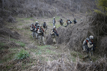 army soldiers take part in U.S.-South Korea joint river-crossing exercise near demilitarized zone separating two Koreas in Yeoncheon