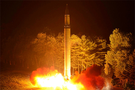 Hwasong-14 missile pictured during its second test-fire in this undated picture provided by KCNA in Pyongyang on July 29, 2017.
