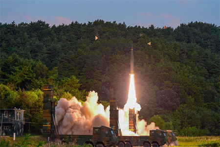 South Korean troops fire Hyunmoo Missile into the waters of the East Sea at a military exercise in South Korea September 4, 2017.