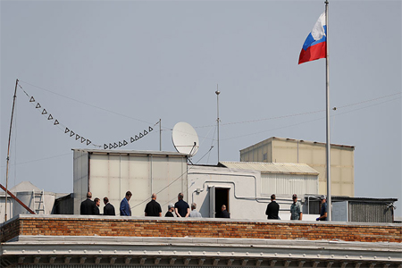 People are seen on the rooftop at the Consulate General of Russia in San Francisco, California, US, September 2, 2017