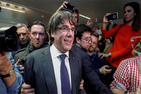 Sacked Catalan leader Carles Puigdemont arrives for a news conference at the Press Club Brussels Europe in Brussels, Belgium, October 31, 2017.