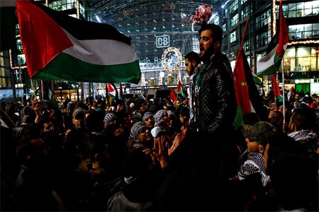 Protesters demonstrate against President Donald Trump's decision to recognise Jerusalem as Israel's capital, in Berlin, Germany, December 12, 2017