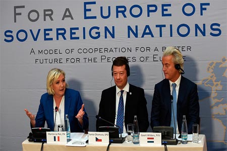 (L-R) Marine Le Pen, Tomio Okamura and Geert Wilders during a conference of the rightwing Europe of Nations and Freedom (ENF) group in the European parliament on December 16, 2017