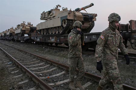 US tanks arrive at an air base in Romania