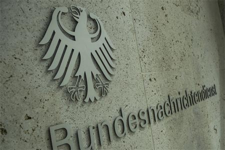 The inscription 'Bundesnachrichtendienst' ('Federal Intelligence Service', BND) seen on the facade of the Federal Intelligence Service' new headquarters in Berlin, Germany.