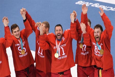 Winning Russian players during the medal ceremony of men’s ice hockey tournament at the 2018 Winter Olympics in Pyeongchang.