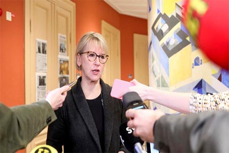 Sweden’s Foreign Minister Margot Wallstrom talks to journalists, on March 16, 2018 in the Swedish house of parliment in Stockholm, to comment her meeting with the North Korean Foreign Minister the day before.