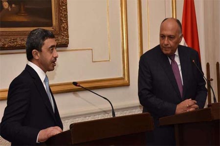 وزير الخارجية الإماراتي، الشيخ عبد الله بن زايد آل نهيان، خلال مؤتمر صحفي مشترك مع نظيره المصري، سامح شكري