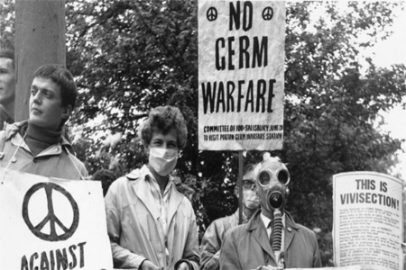 A group of Committee of 100 supporters demonstrating against germ warfare at the Porton Down Germ Warfare Station, June 1963.