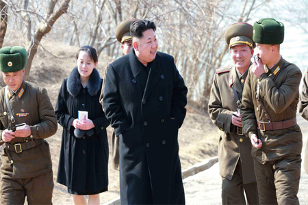 North Korean leader Kim Jong-Un (center) inspecting the Sin Islet defence company in Kangwon province.