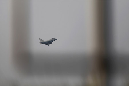 A fighter jet prepares to land at RAF Akrotiri, a military base Britain maintains on Cyprus, April 14, 2018