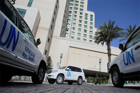 The United Nation vehicles carrying the Organisation for the Prohibition of Chemical Weapons (OPCW) inspectors is seen in Damascus, Syria April 18, 2018.