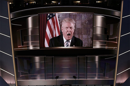 Republican U.S. presidential nominee Donald Trump speaks live via satellite from Trump Tower in New York City during the second session at the Republican National Convention in Cleveland, Ohio, U.S. July 19, 2016. © Mike Segar / Reuters