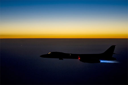 A U.S. Air Force B-1B Lancer supersonic bomber flies over northern Iraq after conducting air strikes in Syria
