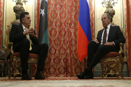 Russian Foreign Minister Sergei Lavrov (R) meets with Libyan Prime Minister Fayez Seraj in Moscow, Russia, March 2, 2017.