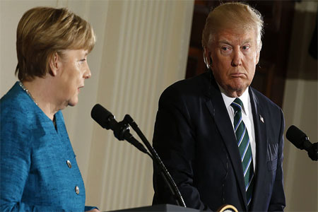 Germany's Chancellor Angela Merkel (R) and U.S. President Donald Trump, Washington, U.S., March 17, 2017.