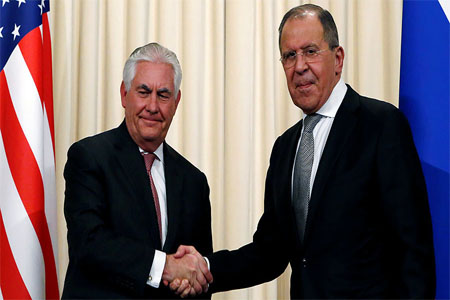Russian Foreign Minister Sergei Lavrov shakes hands with U.S. Secretary of State Rex Tillerson, Moscow, April 12, 2017