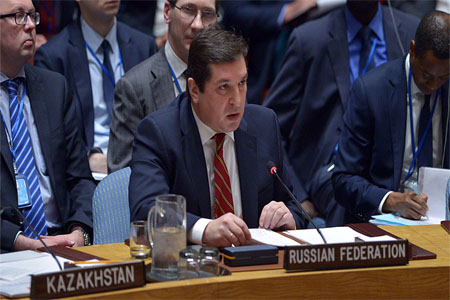 Russia's deputy UN ambassador, Vladimir Safronkov during an United Nations Security Council meeting on Syria, April 7, 2017.