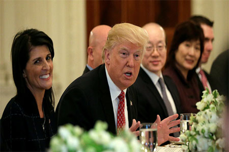 U.S. President Donald Trump hosts a working lunch with ambassadors of countries on the UN Security Council at the White House, April 24, 2017.