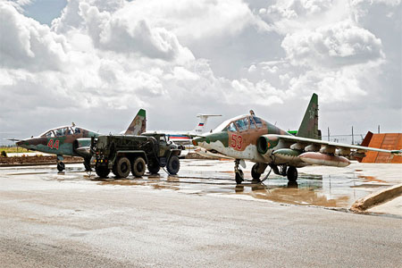 Sukhoi Su-25 ground-attack planes at Hmeimim airbase in Syria